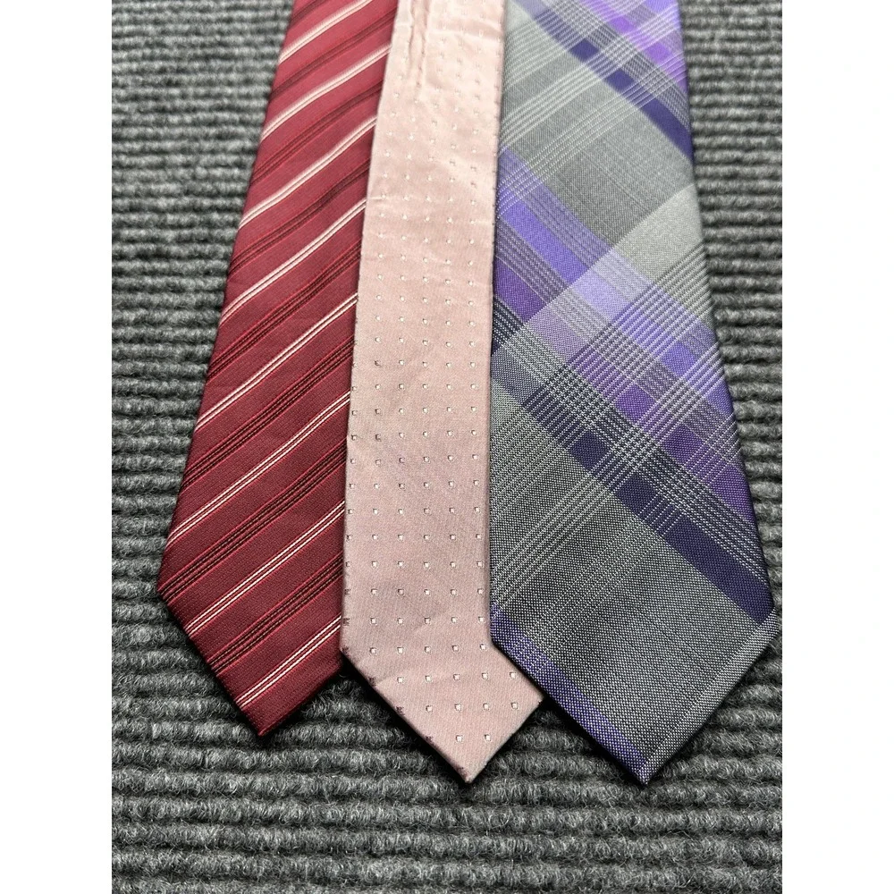 Kenneth Cole Reaction Ties Mens Silk Lot of 3 Red‎ Stripe Pink Dot Purple Plaid